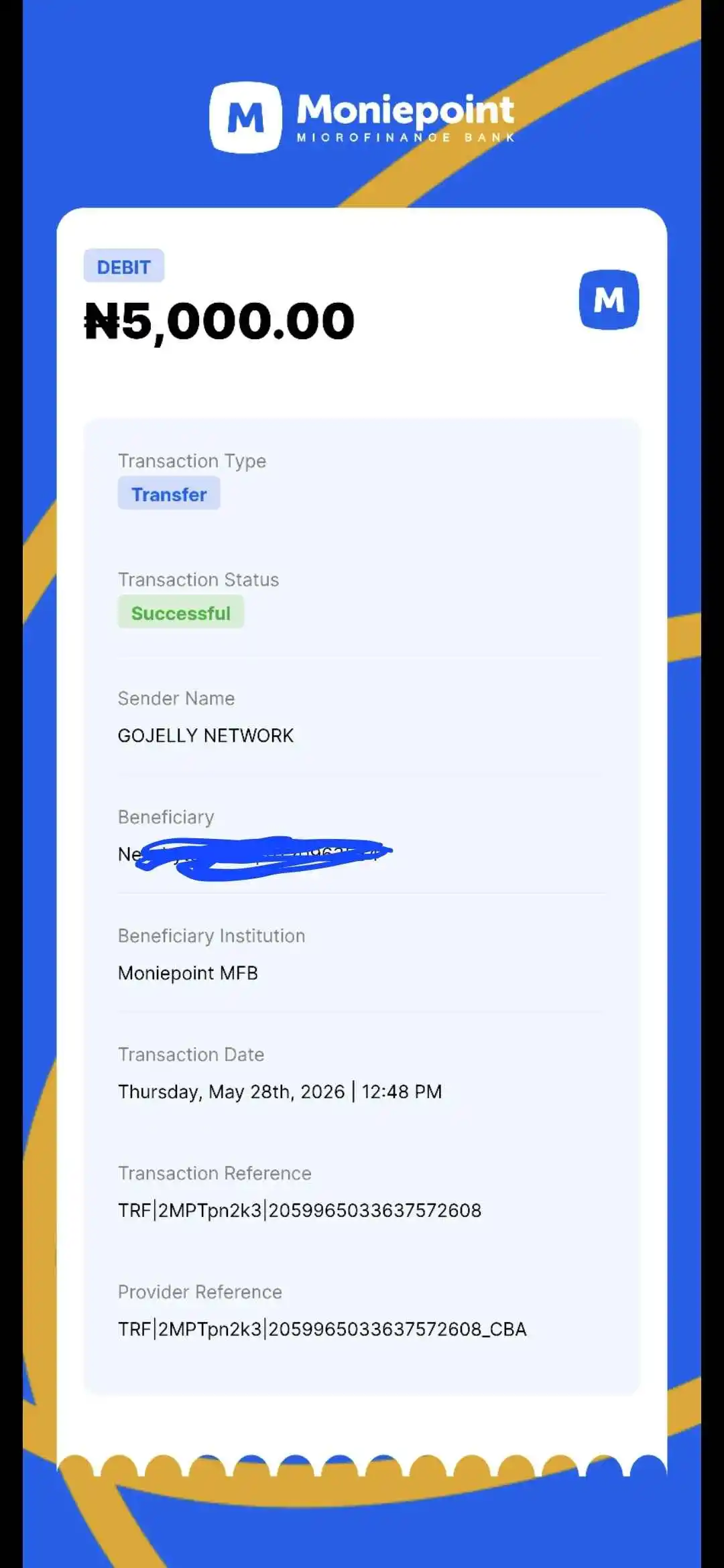 GoJelly payment proof Nigeria — worker earnings withdrawn to Moniepoint MFB account