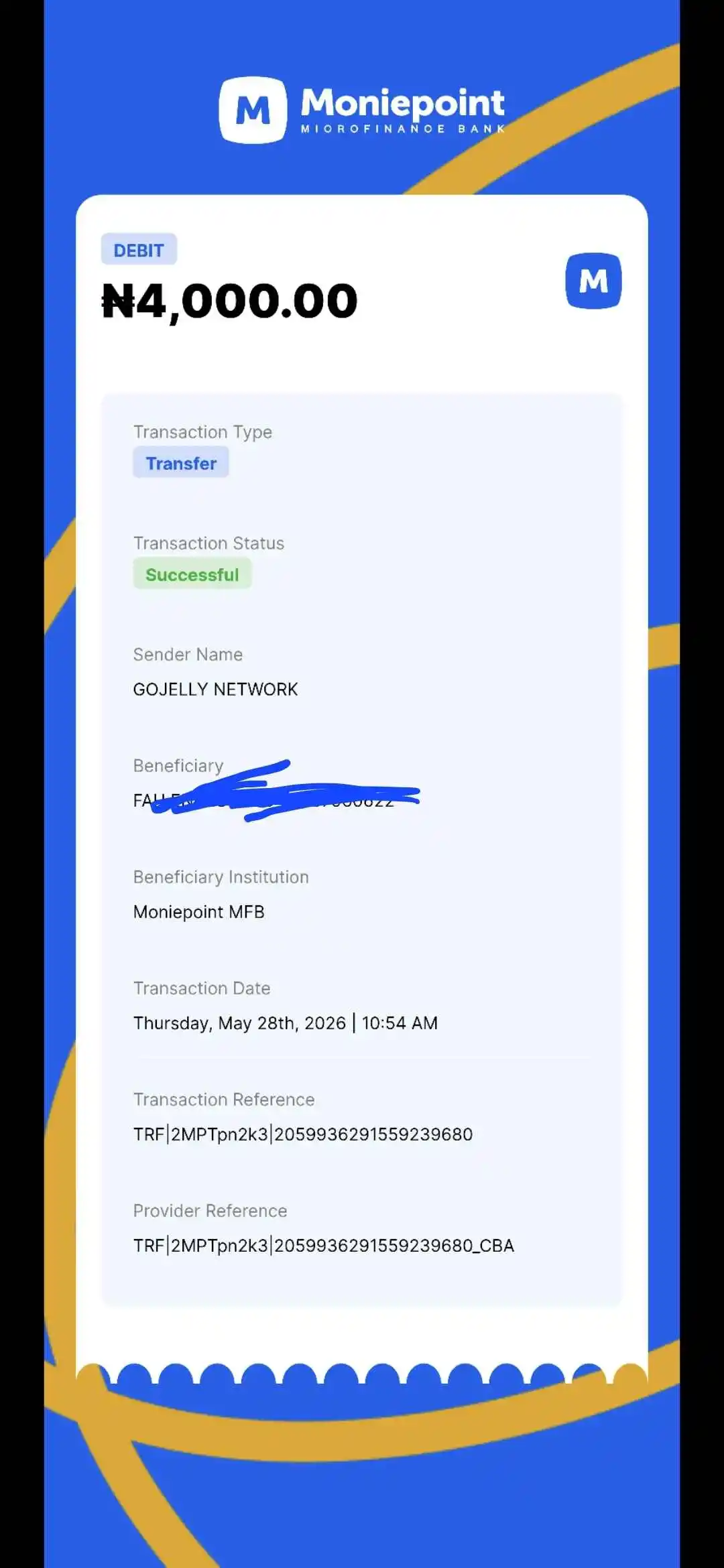 GoJelly user payment screenshot — successful naira withdrawal to Moniepoint MFB