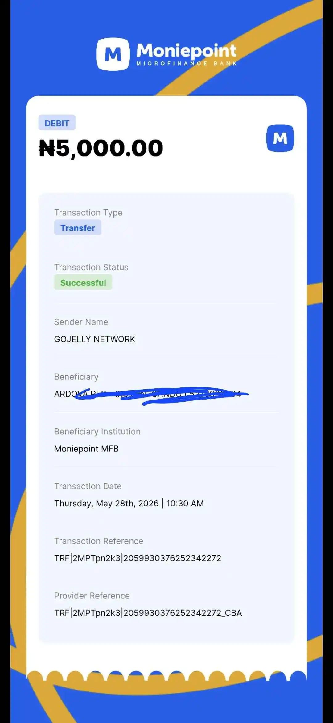 GoJelly withdrawal proof 2026 — naira paid directly to Moniepoint MFB account