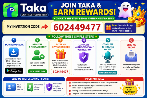 Register on TAKA & Complete Verification + 15 Minutes on Mic